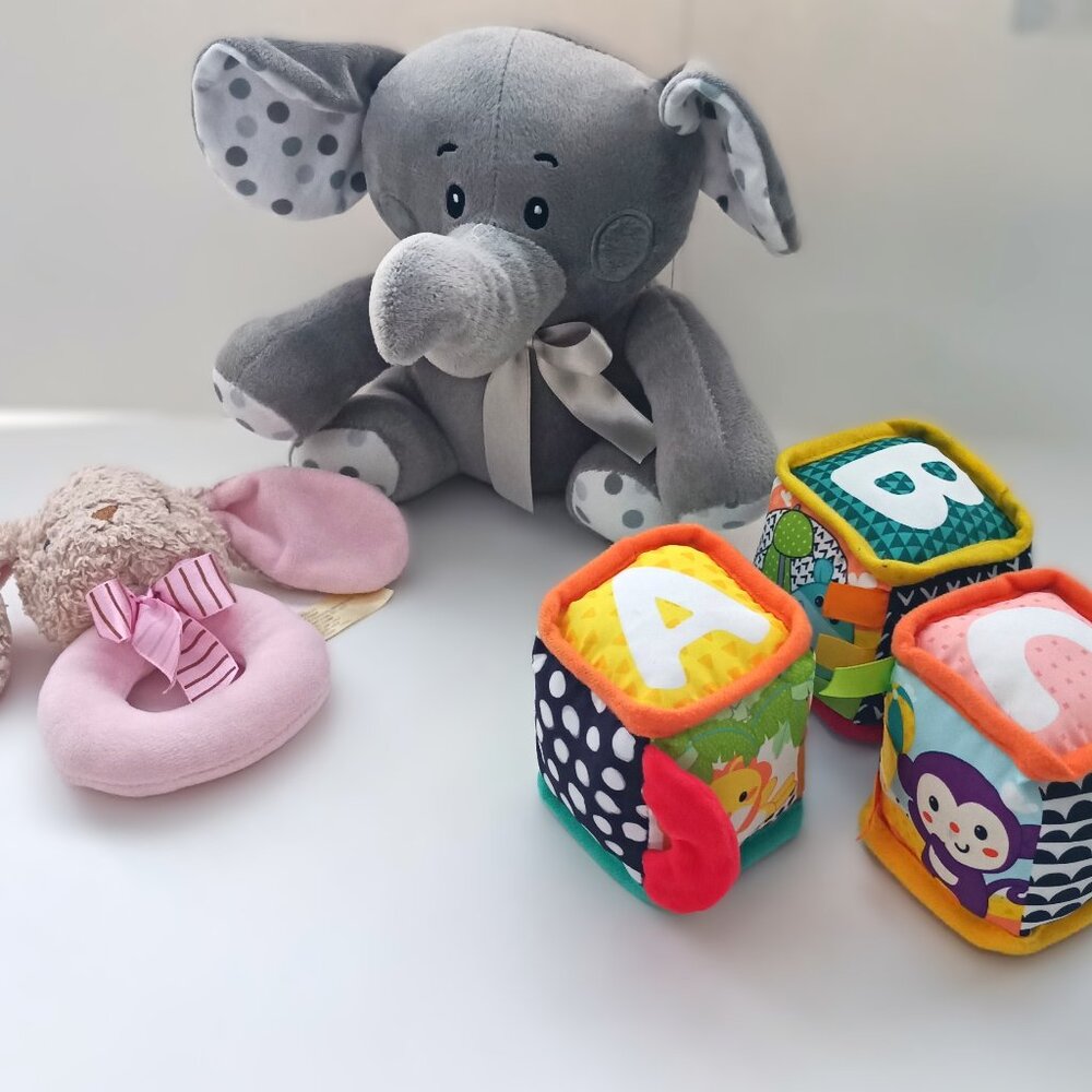 Lot of 3 Plush Baby Rattles 8" Gray Baby Elephant, Bunny and ABC Soft Blocks